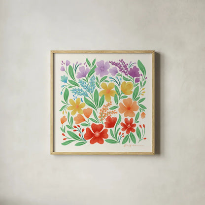 Rainbow Florals II by Gia Graham. Shown in a natural wood glass frame for a timeless modern aesthetic. Available as an archival giclee rolled canvas, fine art paper, or poster print. SKU 87740a.