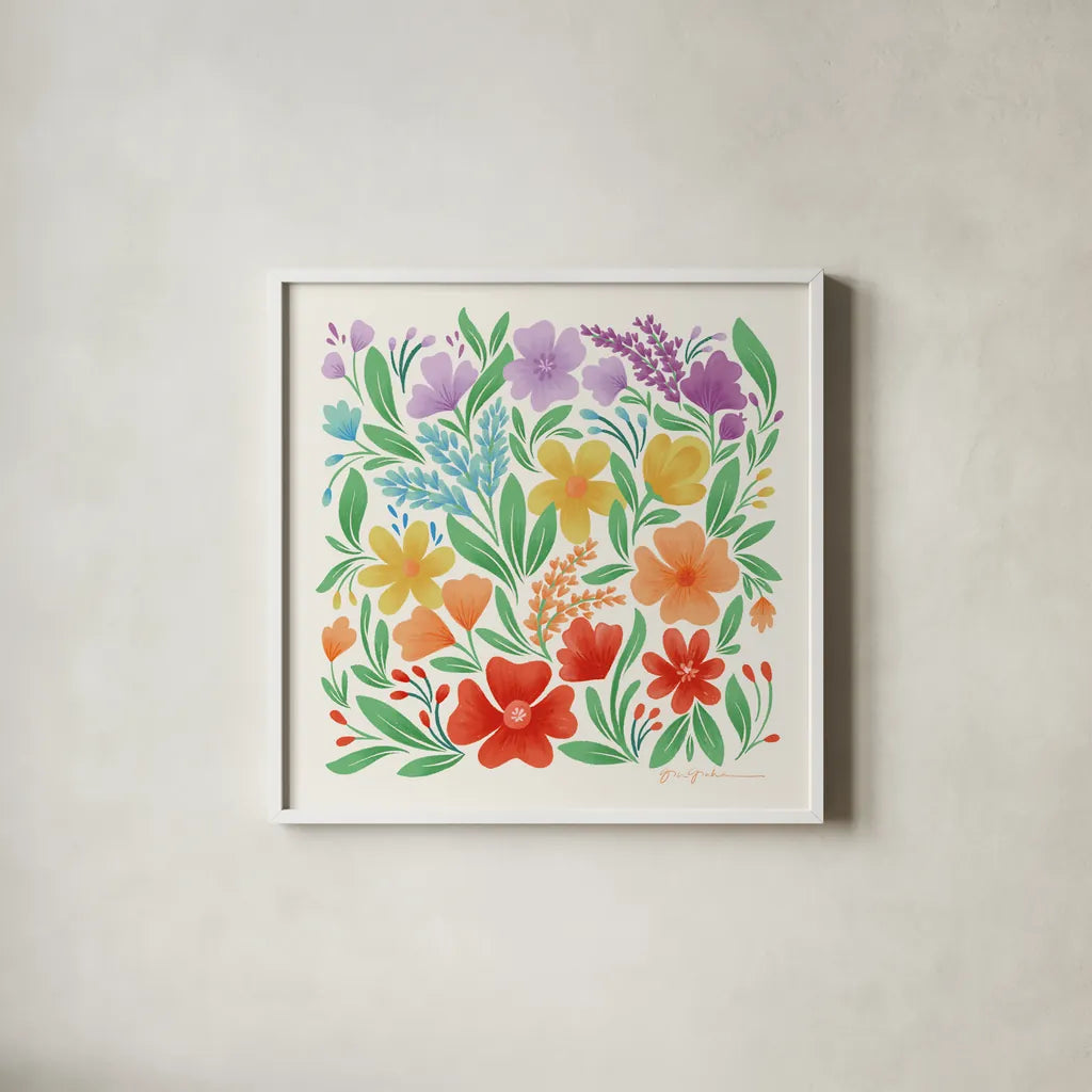 Rainbow Florals II by Gia Graham. Shown in a crisp white glass frame for a clean and minimalist style. Available as an archival giclee rolled canvas, fine art paper, or poster print. SKU 87740a.