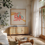Roll With It II by Gia Graham. Shown in a natural wood frame in a cozy modern living room. Available as an archival giclee rolled canvas, fine art paper, or poster print. SKU 66243a.