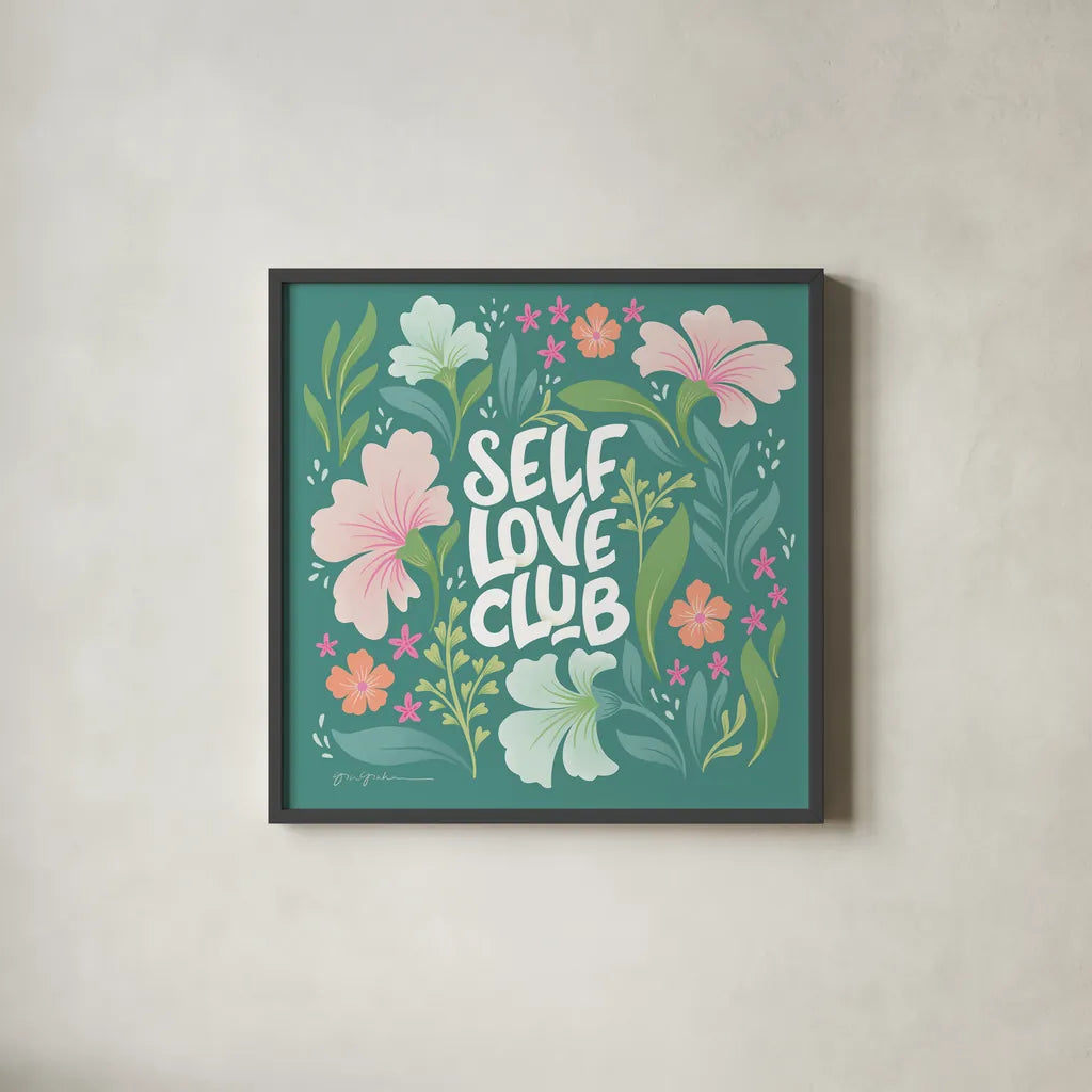 Self Love Club I by Gia Graham. Shown in a sleek black glass frame for a contemporary gallery look. Available as an archival giclee rolled canvas, fine art paper, or poster print. SKU 72656a.