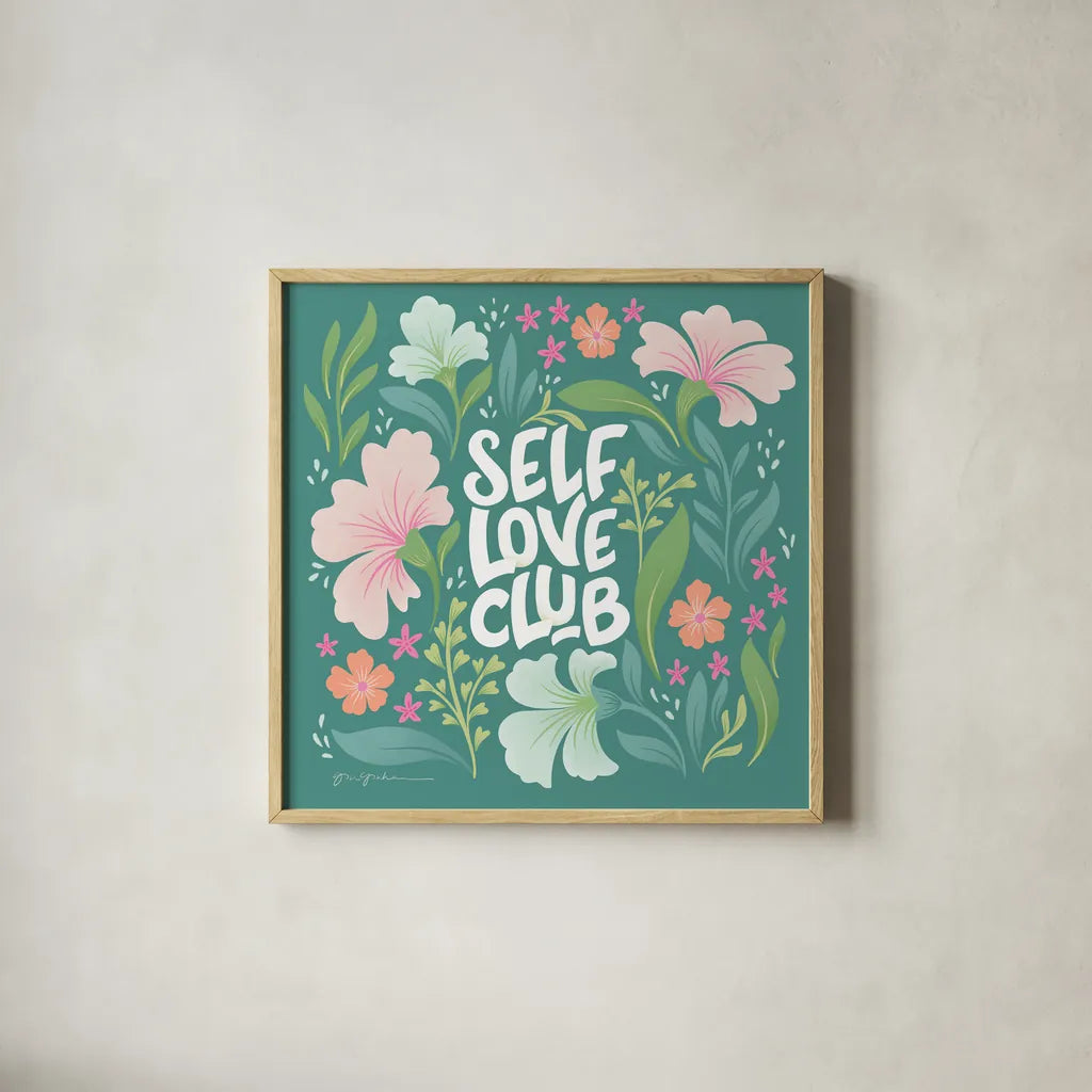 Self Love Club I by Gia Graham. Shown in a natural wood glass frame for a timeless modern aesthetic. Available as an archival giclee rolled canvas, fine art paper, or poster print. SKU 72656a.