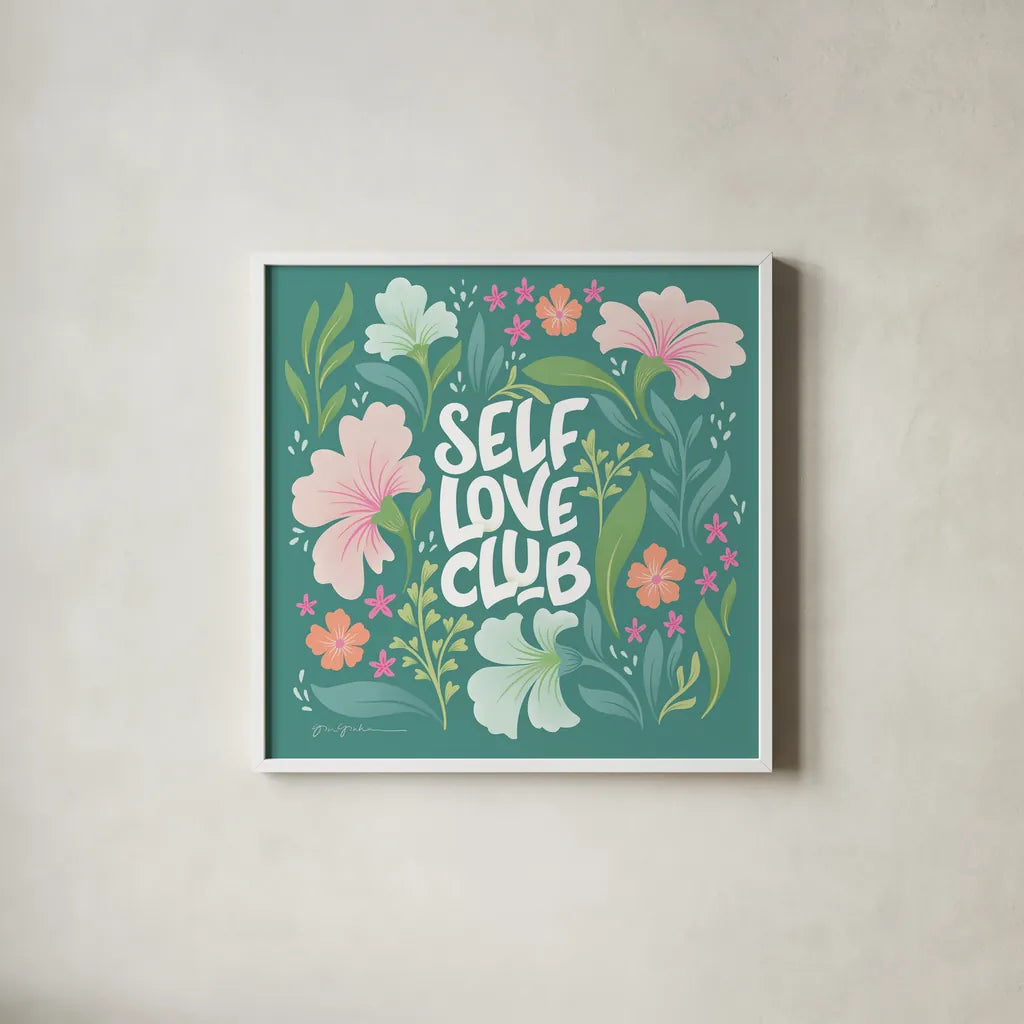 Self Love Club I by Gia Graham. Shown in a crisp white glass frame for a clean and minimalist style. Available as an archival giclee rolled canvas, fine art paper, or poster print. SKU 72656a.