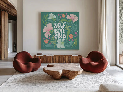 Self Love Club I by Gia Graham. Shown as extra-large giant wall art in a modern living room. Available as an archival giclee rolled canvas, fine art paper, or poster print. SKU 72656a.