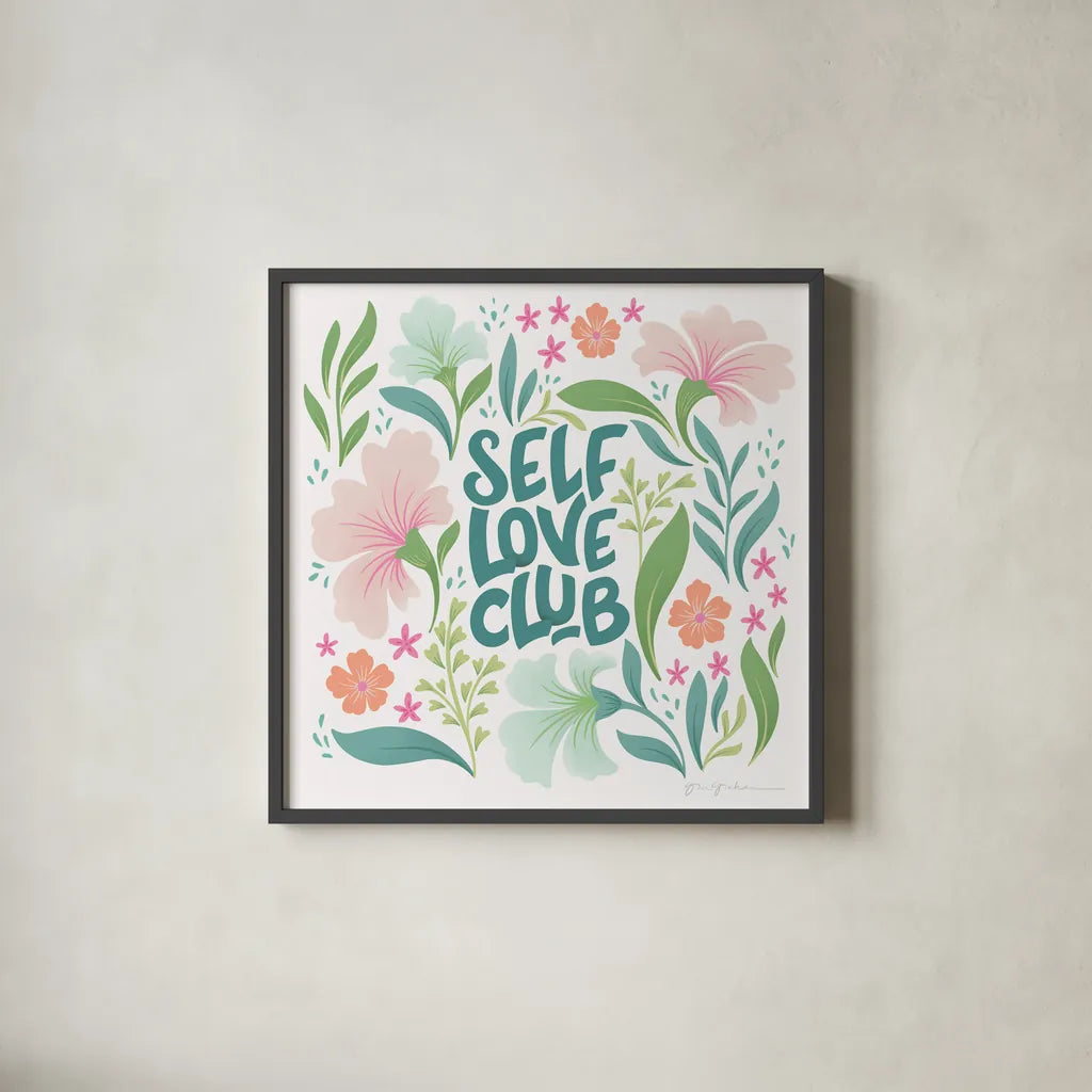 Self Love Club II by Gia Graham. Shown in a sleek black glass frame for a contemporary gallery look. Available as an archival giclee rolled canvas, fine art paper, or poster print. SKU 72657a.