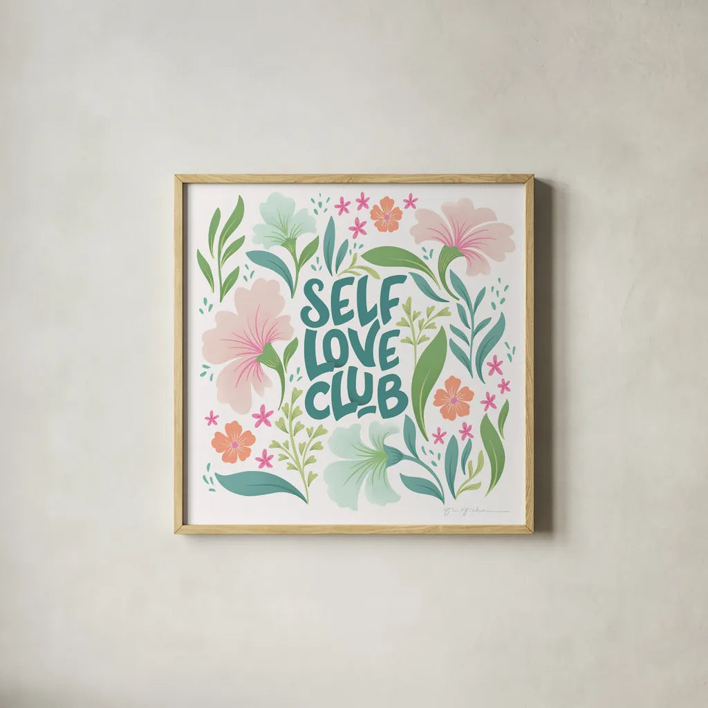 Self Love Club II by Gia Graham. Shown in a natural wood glass frame for a timeless modern aesthetic. Available as an archival giclee rolled canvas, fine art paper, or poster print. SKU 72657a.