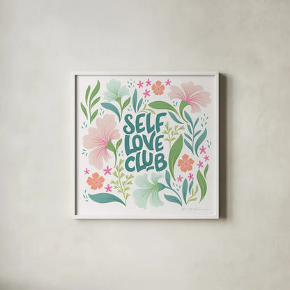 Self Love Club II by Gia Graham. Shown in a crisp white glass frame for a clean and minimalist style. Available as an archival giclee rolled canvas, fine art paper, or poster print. SKU 72657a.