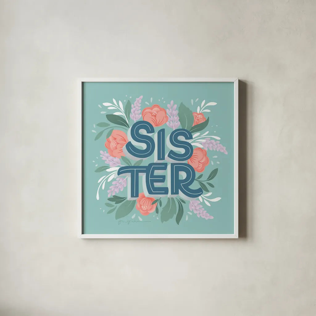 Sister by Gia Graham. Shown in a crisp white glass frame for a clean and minimalist style. Available as an archival giclee rolled canvas, fine art paper, or poster print. SKU 92596a.