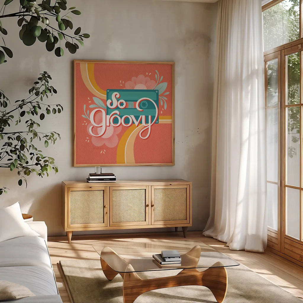 So Groovy I by Gia Graham. Shown in a natural wood frame in a cozy modern living room. Available as an archival giclee rolled canvas, fine art paper, or poster print. SKU 66244a.