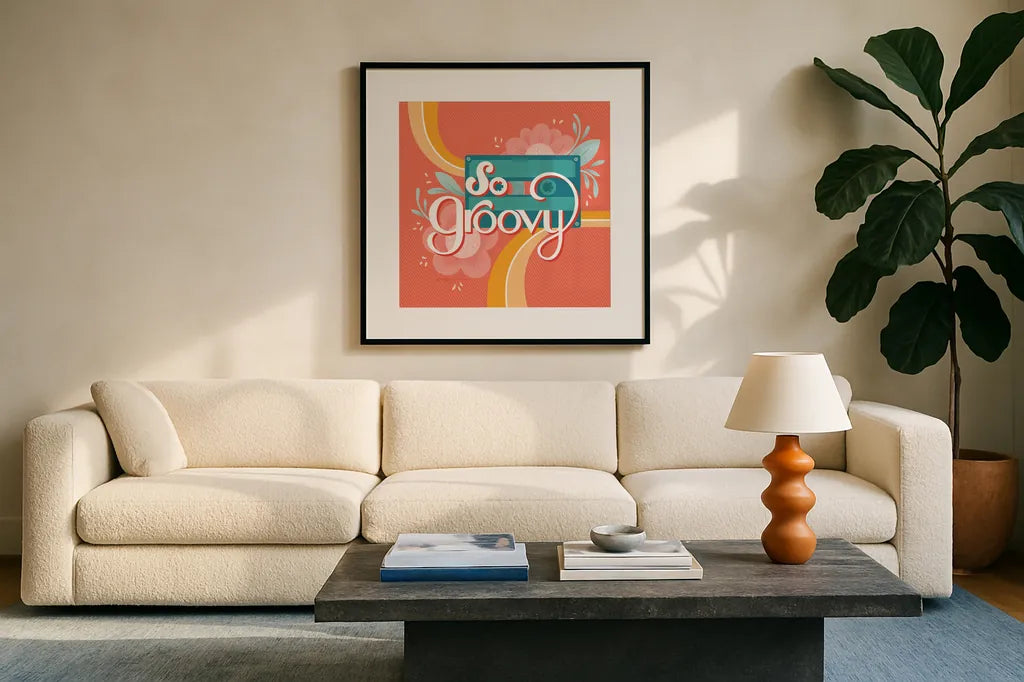 So Groovy I by Gia Graham. Displayed in a glass frame with matte in a clean modern living room. Available as an archival giclee rolled canvas, fine art paper, or poster print. SKU 66244a.