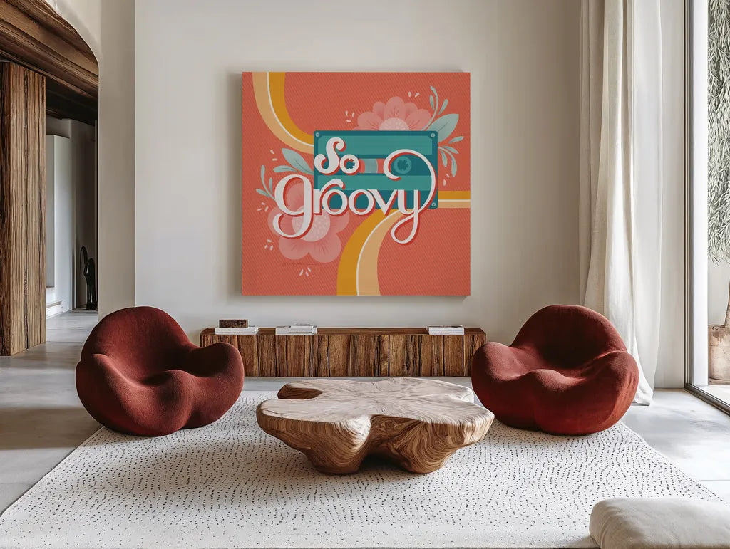 So Groovy I by Gia Graham. Shown as extra-large giant wall art in a modern living room. Available as an archival giclee rolled canvas, fine art paper, or poster print. SKU 66244a.