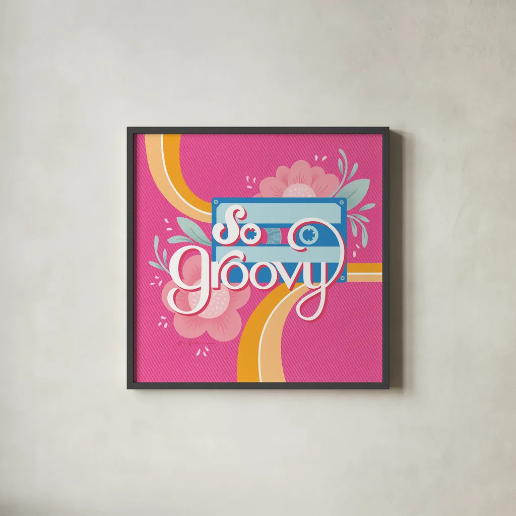 So Groovy I Pink by Gia Graham. Shown in a sleek black glass frame for a contemporary gallery look. Available as an archival giclee rolled canvas, fine art paper, or poster print. SKU 85474a.