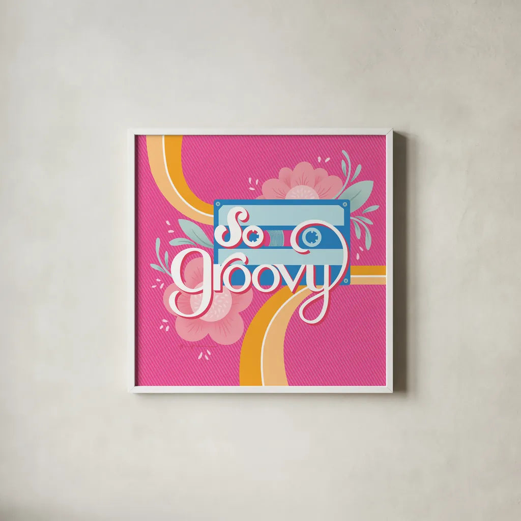 So Groovy I Pink by Gia Graham. Shown in a crisp white glass frame for a clean and minimalist style. Available as an archival giclee rolled canvas, fine art paper, or poster print. SKU 85474a.