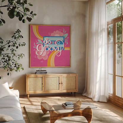So Groovy I Pink by Gia Graham. Shown in a natural wood frame in a cozy modern living room. Available as an archival giclee rolled canvas, fine art paper, or poster print. SKU 85474a.