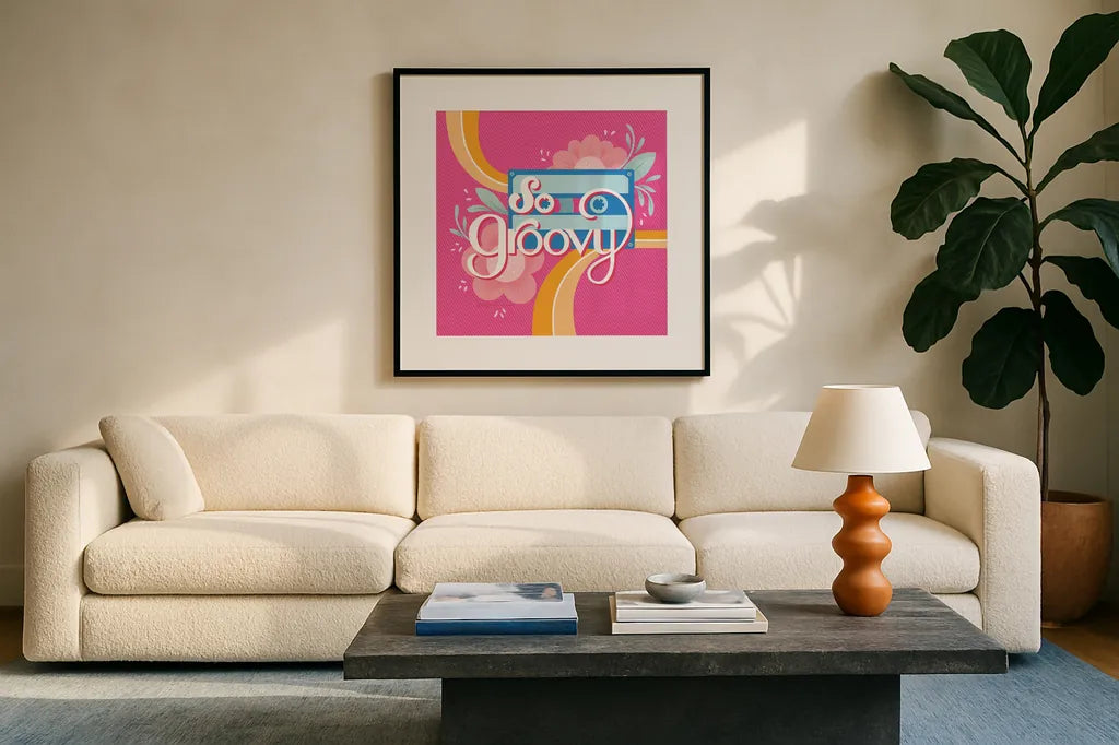 So Groovy I Pink by Gia Graham. Displayed in a glass frame with matte in a clean modern living room. Available as an archival giclee rolled canvas, fine art paper, or poster print. SKU 85474a.