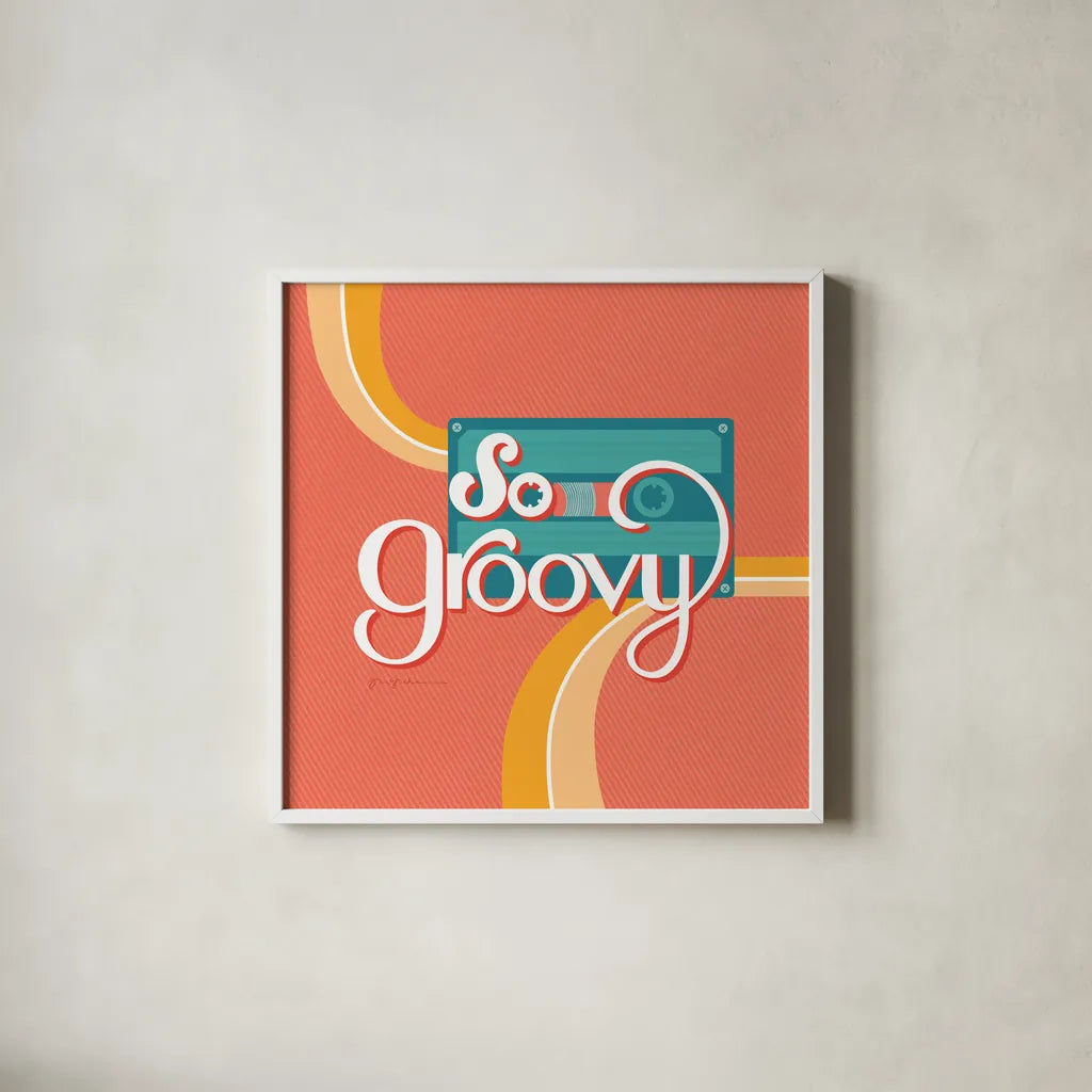 So Groovy II by Gia Graham. Shown in a crisp white glass frame for a clean and minimalist style. Available as an archival giclee rolled canvas, fine art paper, or poster print. SKU 66245a.