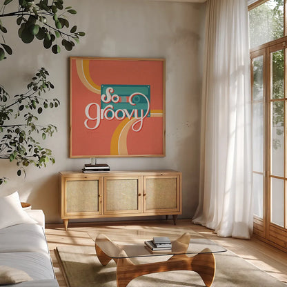 So Groovy II by Gia Graham. Shown in a natural wood frame in a cozy modern living room. Available as an archival giclee rolled canvas, fine art paper, or poster print. SKU 66245a.