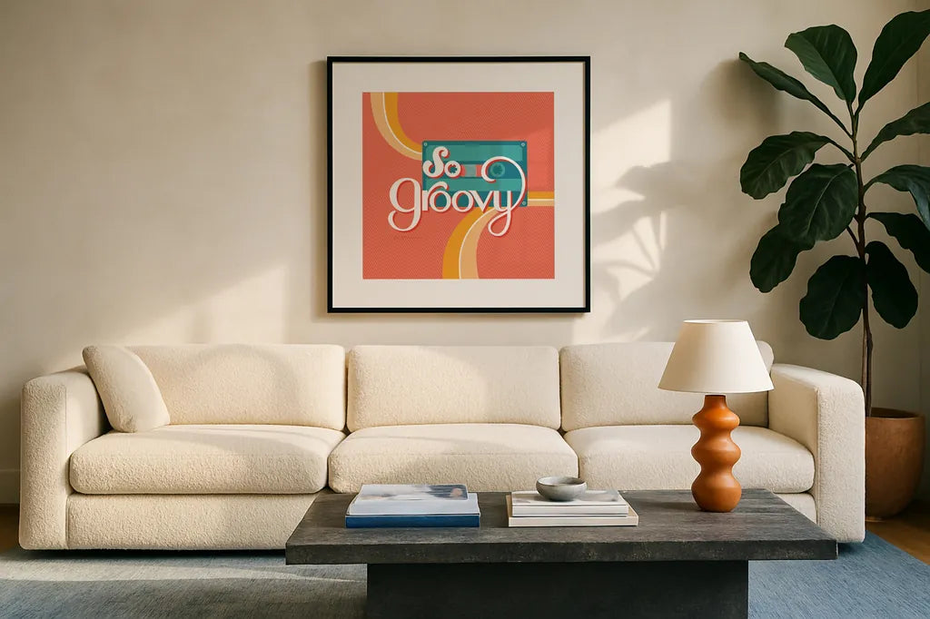 So Groovy II by Gia Graham. Displayed in a glass frame with matte in a clean modern living room. Available as an archival giclee rolled canvas, fine art paper, or poster print. SKU 66245a.