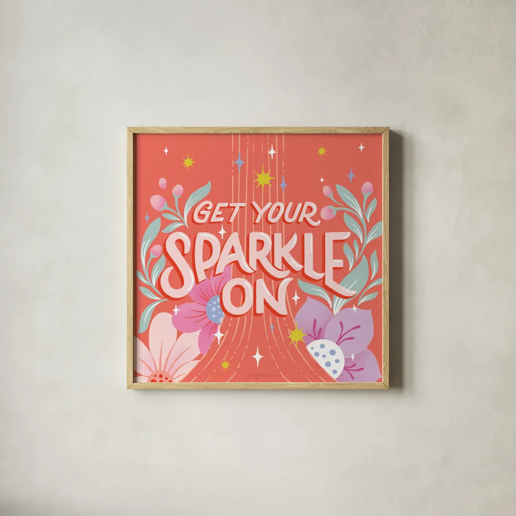 Sparkle I Sq by Gia Graham. Shown in a natural wood glass frame for a timeless modern aesthetic. Available as an archival giclee rolled canvas, fine art paper, or poster print. SKU 75080a.