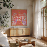 Sparkle I Sq by Gia Graham. Shown in a natural wood frame in a cozy modern living room. Available as an archival giclee rolled canvas, fine art paper, or poster print. SKU 75080a.