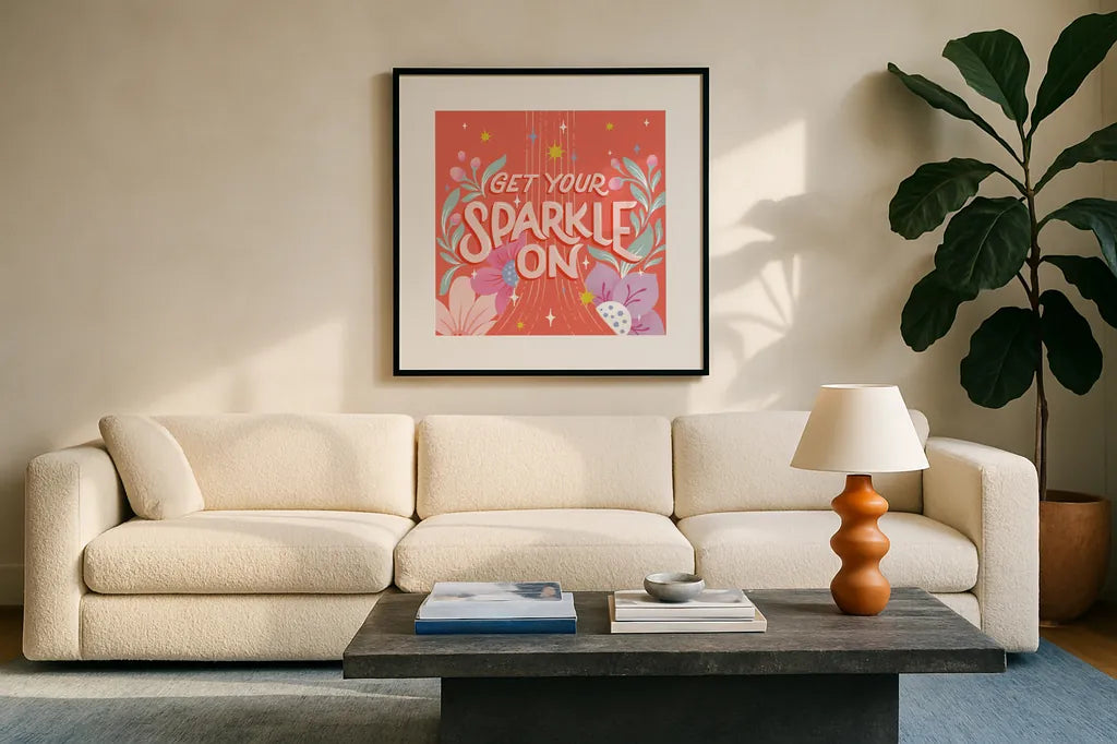 Sparkle I Sq by Gia Graham. Displayed in a glass frame with matte in a clean modern living room. Available as an archival giclee rolled canvas, fine art paper, or poster print. SKU 75080a.