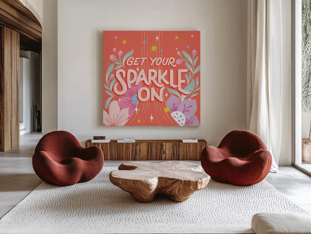 Sparkle I Sq by Gia Graham. Shown as extra-large giant wall art in a modern living room. Available as an archival giclee rolled canvas, fine art paper, or poster print. SKU 75080a.