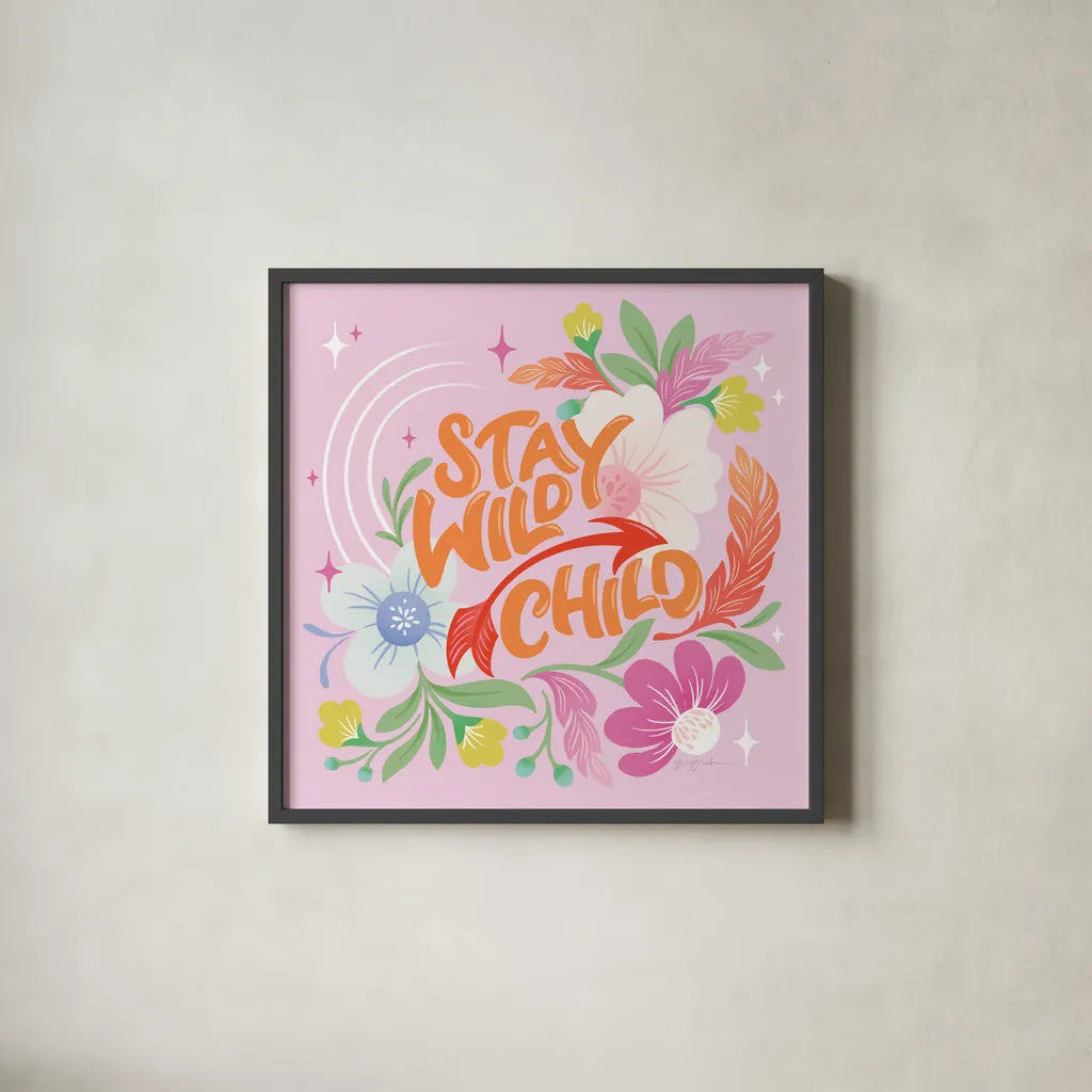 Stay Wild I Sq by Gia Graham. Shown in a sleek black glass frame for a contemporary gallery look. Available as an archival giclee rolled canvas, fine art paper, or poster print. SKU 75075a.