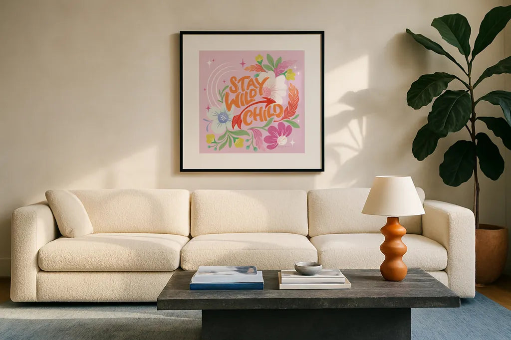 Stay Wild I Sq by Gia Graham. Displayed in a glass frame with matte in a clean modern living room. Available as an archival giclee rolled canvas, fine art paper, or poster print. SKU 75075a.