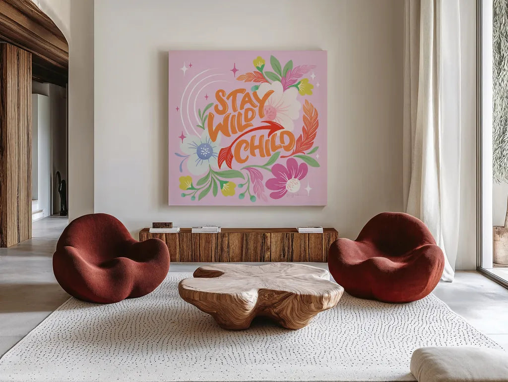 Stay Wild I Sq by Gia Graham. Shown as extra-large giant wall art in a modern living room. Available as an archival giclee rolled canvas, fine art paper, or poster print. SKU 75075a.