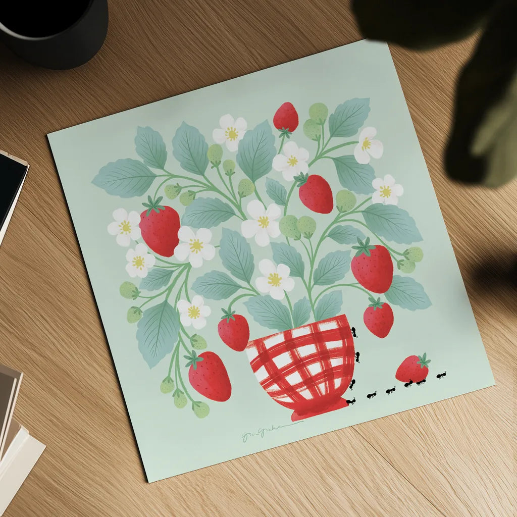 Strawberry Patch by Gia Graham. Shown as a detailed flat fine art print, highlighting archival giclee quality. Available as an archival giclee rolled canvas, fine art paper, or poster print. SKU 87439a.