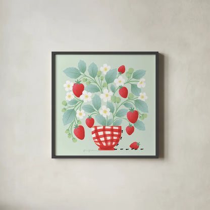 Strawberry Patch by Gia Graham. Shown in a sleek black glass frame for a contemporary gallery look. Available as an archival giclee rolled canvas, fine art paper, or poster print. SKU 87439a.