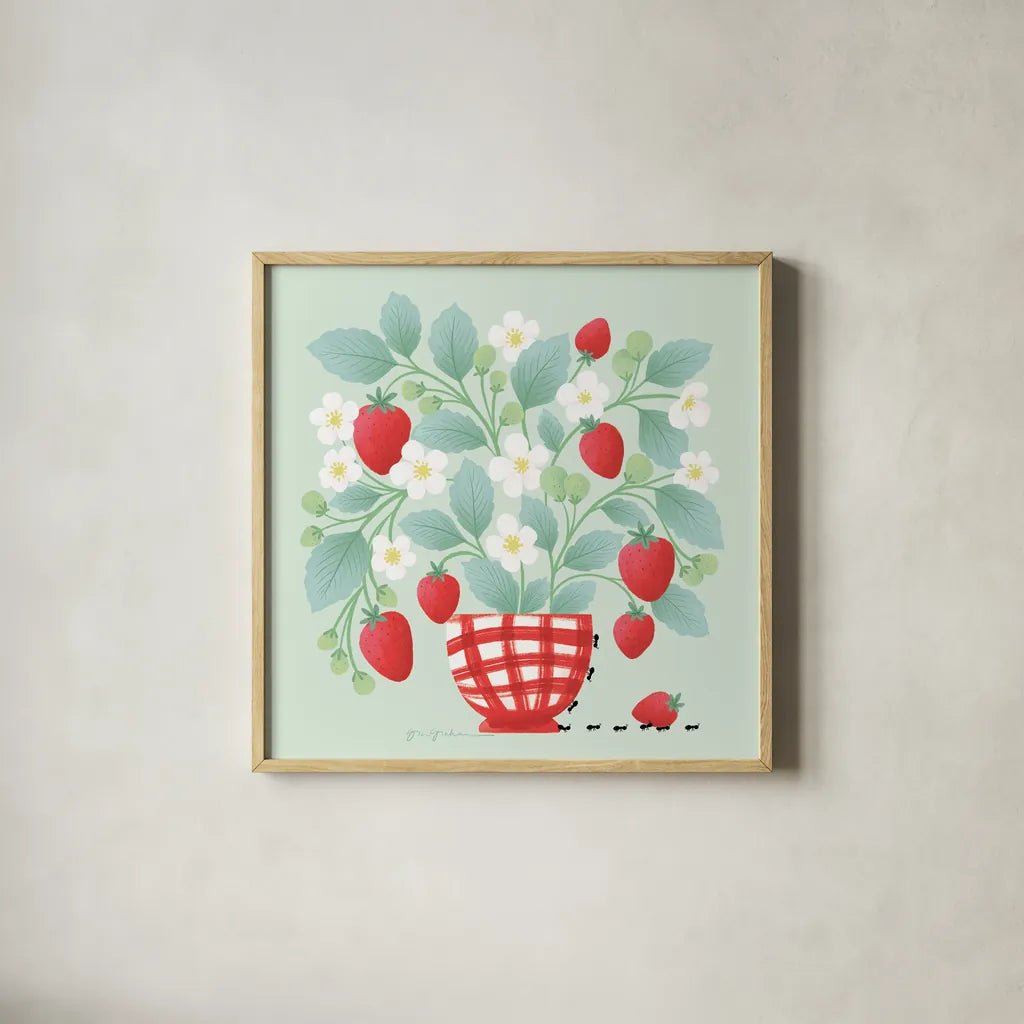 Strawberry Patch by Gia Graham. Shown in a natural wood glass frame for a timeless modern aesthetic. Available as an archival giclee rolled canvas, fine art paper, or poster print. SKU 87439a.
