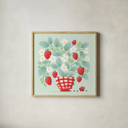 Strawberry Patch by Gia Graham. Shown in a natural wood glass frame for a timeless modern aesthetic. Available as an archival giclee rolled canvas, fine art paper, or poster print. SKU 87439a.