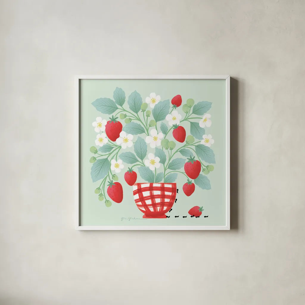 Strawberry Patch by Gia Graham. Shown in a crisp white glass frame for a clean and minimalist style. Available as an archival giclee rolled canvas, fine art paper, or poster print. SKU 87439a.
