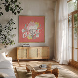 Summer Chill I by Gia Graham. Shown in a natural wood frame in a cozy modern living room. Available as an archival giclee rolled canvas, fine art paper, or poster print. SKU 86583a.