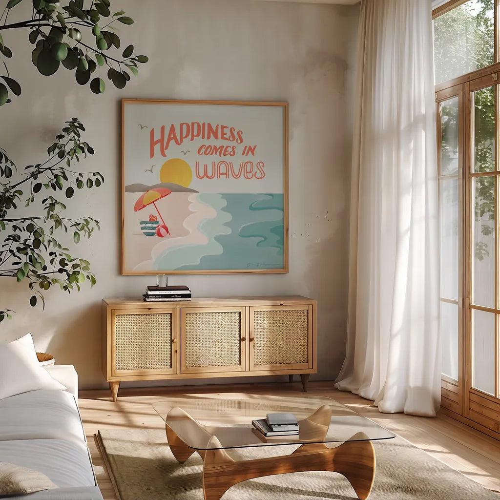 Summer State of Mind I by Gia Graham. Shown in a natural wood frame in a cozy modern living room. Available as an archival giclee rolled canvas, fine art paper, or poster print. SKU 99720a.