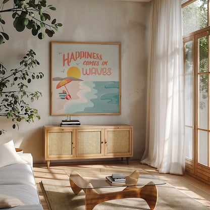 Summer State of Mind I by Gia Graham. Shown in a natural wood frame in a cozy modern living room. Available as an archival giclee rolled canvas, fine art paper, or poster print. SKU 99720a.