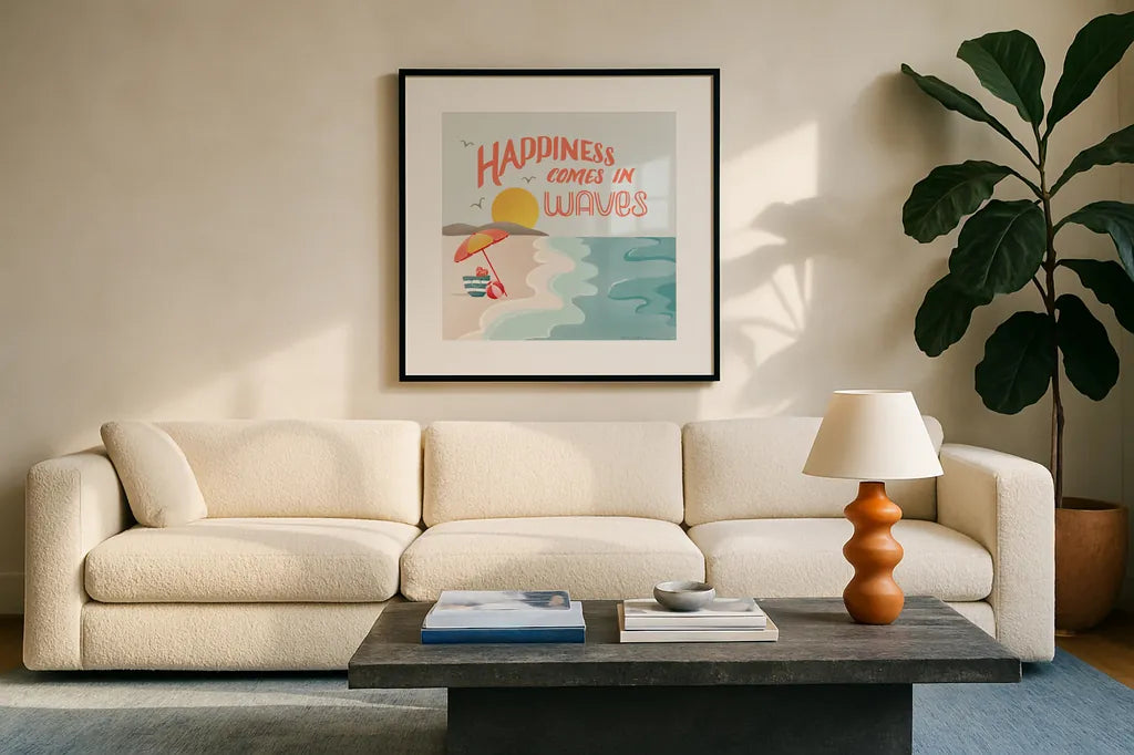 Summer State of Mind I by Gia Graham. Displayed in a glass frame with matte in a clean modern living room. Available as an archival giclee rolled canvas, fine art paper, or poster print. SKU 99720a.