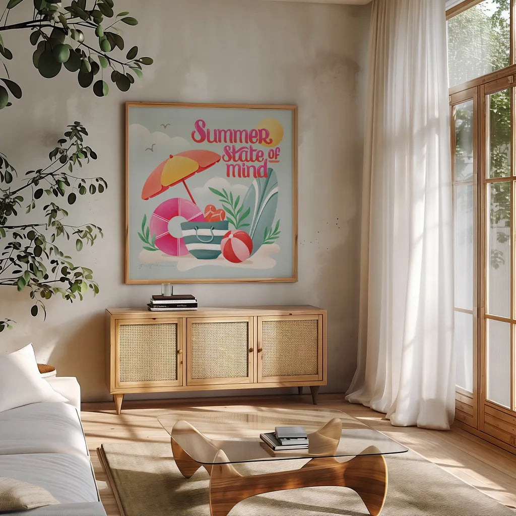 Summer State of Mind II by Gia Graham. Shown in a natural wood frame in a cozy modern living room. Available as an archival giclee rolled canvas, fine art paper, or poster print. SKU 99721a.