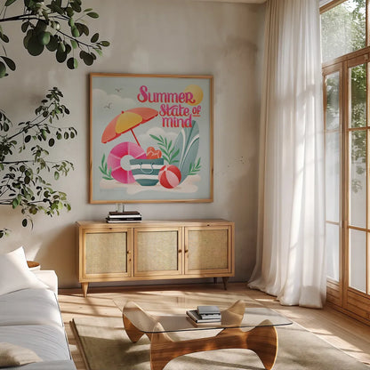 Summer State of Mind II by Gia Graham. Shown in a natural wood frame in a cozy modern living room. Available as an archival giclee rolled canvas, fine art paper, or poster print. SKU 99721a.
