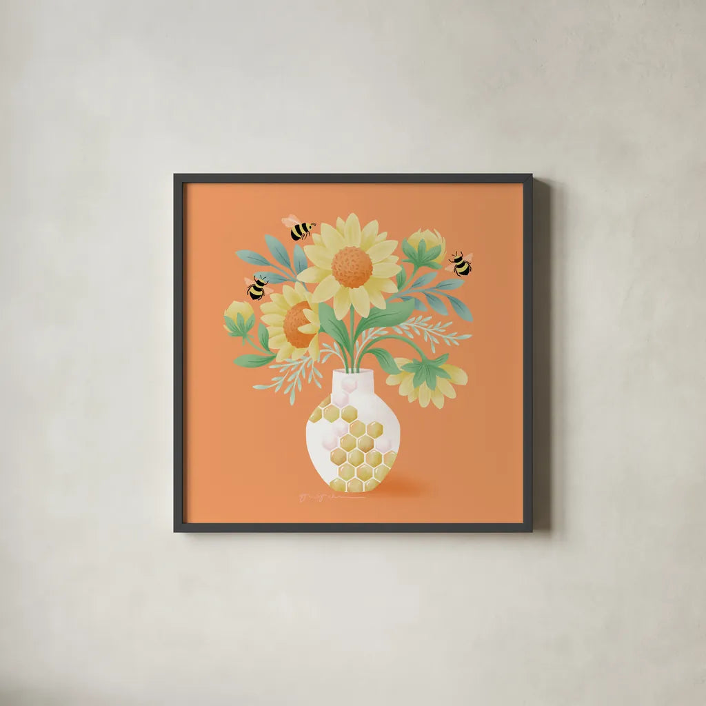 Sunflower Bouquet by Gia Graham. Shown in a sleek black glass frame for a contemporary gallery look. Available as an archival giclee rolled canvas, fine art paper, or poster print. SKU 87438a.