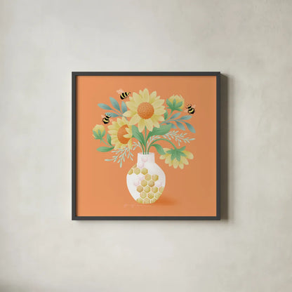 Sunflower Bouquet by Gia Graham. Shown in a sleek black glass frame for a contemporary gallery look. Available as an archival giclee rolled canvas, fine art paper, or poster print. SKU 87438a.
