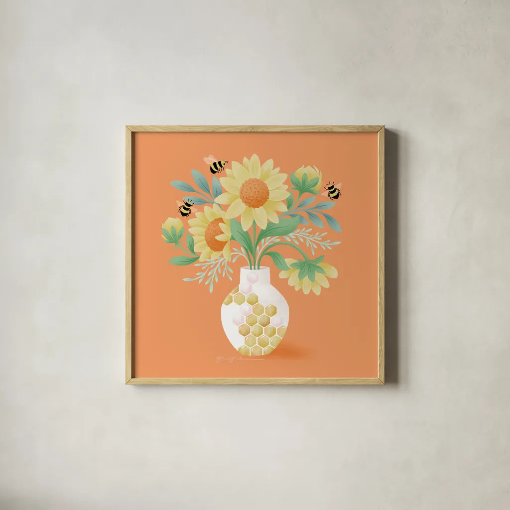 Sunflower Bouquet by Gia Graham. Shown in a natural wood glass frame for a timeless modern aesthetic. Available as an archival giclee rolled canvas, fine art paper, or poster print. SKU 87438a.