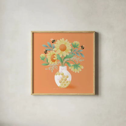 Sunflower Bouquet by Gia Graham. Shown in a natural wood glass frame for a timeless modern aesthetic. Available as an archival giclee rolled canvas, fine art paper, or poster print. SKU 87438a.