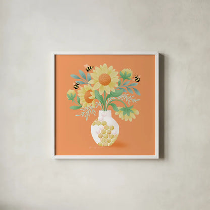 Sunflower Bouquet by Gia Graham. Shown in a crisp white glass frame for a clean and minimalist style. Available as an archival giclee rolled canvas, fine art paper, or poster print. SKU 87438a.