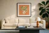 Sunflower Bouquet by Gia Graham. Displayed in a glass frame with matte in a clean modern living room. Available as an archival giclee rolled canvas, fine art paper, or poster print. SKU 87438a.