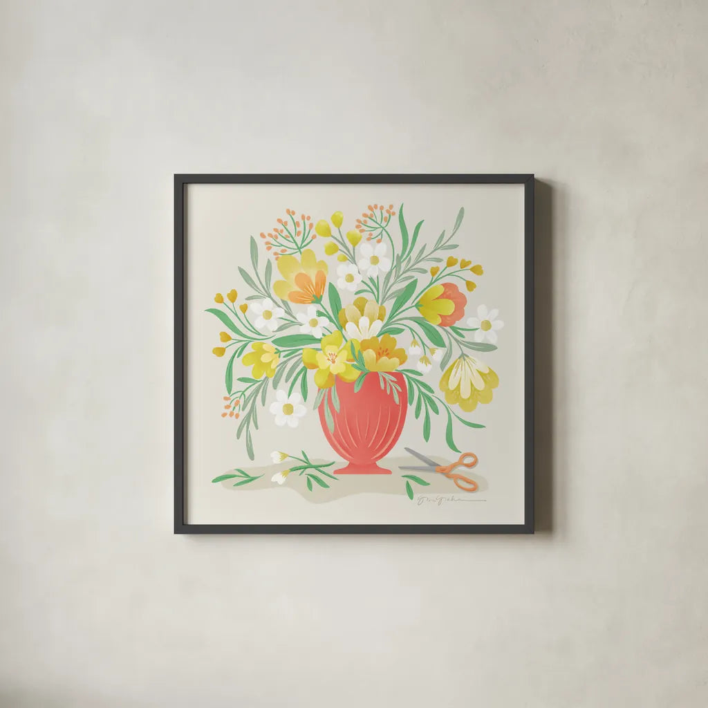 Sunny Bouquet by Gia Graham. Shown in a sleek black glass frame for a contemporary gallery look. Available as an archival giclee rolled canvas, fine art paper, or poster print. SKU 87437a.