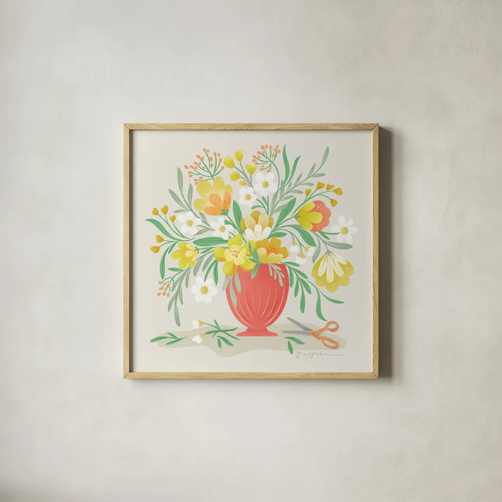 Sunny Bouquet by Gia Graham. Shown in a natural wood glass frame for a timeless modern aesthetic. Available as an archival giclee rolled canvas, fine art paper, or poster print. SKU 87437a.