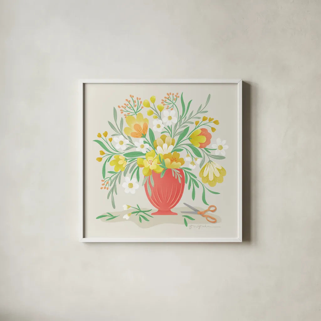 Sunny Bouquet by Gia Graham. Shown in a crisp white glass frame for a clean and minimalist style. Available as an archival giclee rolled canvas, fine art paper, or poster print. SKU 87437a.