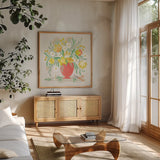 Sunny Bouquet by Gia Graham. Shown in a natural wood frame in a cozy modern living room. Available as an archival giclee rolled canvas, fine art paper, or poster print. SKU 87437a.