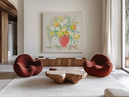 Sunny Bouquet by Gia Graham. Shown as extra-large giant wall art in a modern living room. Available as an archival giclee rolled canvas, fine art paper, or poster print. SKU 87437a.
